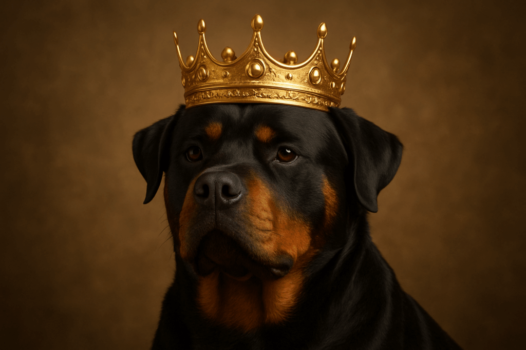eleganter Rottweiler trägt eine Krone Königsrottweiler vs. Rottweiler Was sind die Unterschiede
